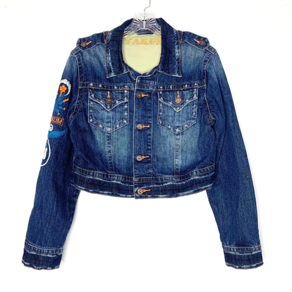 Yakum Embroidered Floral Print Denim Cropped Long Sleeve Jean Jacket Size XL